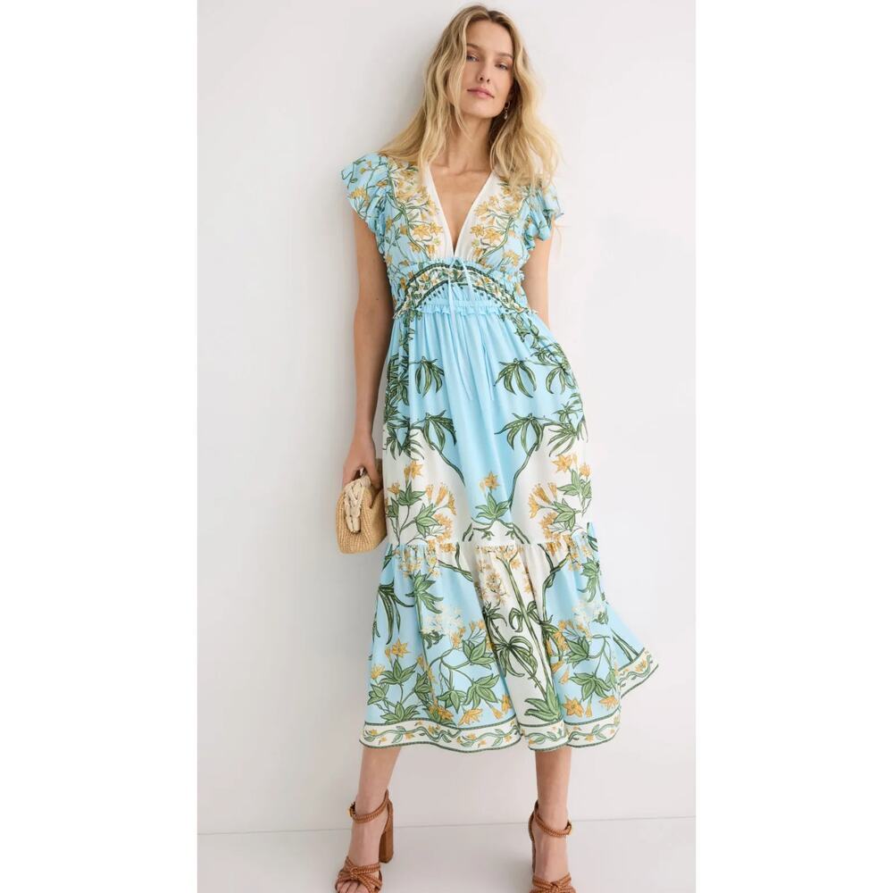 Derek Lam 10 Crosby x RTR Flutter Sleeve V-Neck Blue challis Midi Dress